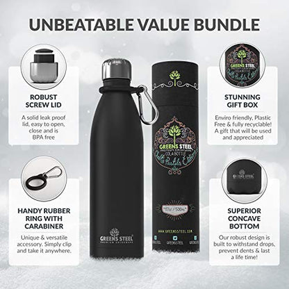 Greens Steel Stainless Steel Water Bottle - 25 oz, Black | Vacuum Insulated Double Wall with Screw Lid/Leak Proof | Thermal Travel Sports Canteen Coffee Flask - color: Black, size: 25 Ounces