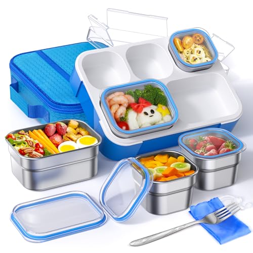 Bento Box Stainless Steel Lunch Box Set with for Lunch Bag Kids Adult 5-Compartment Leakproof Insulated Lunch Containers with Utensils for School Works, Metal Lunchbox Tray BPA-Free (Blue)