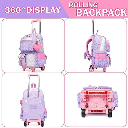 Meetbelify Girls Rolling Backpack with Wheels - Cute Kawaii Carry On Backpack for Elementary Students - Purple - color: Star Purple