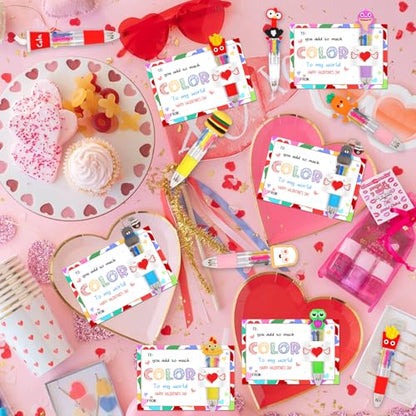 CZWZ 30 Set Cute Multicolor Pens in One 4-in-1 Fun Pens Bulk with 30 Valentines Day Cards for Valentine's Day Party Student Colleagues Greeting Exchange Gift Office School - style: 30Set-Valentine