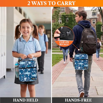 opux Insulated Lunch Bag for Kids Boys Girls, Small Compact Lunch Box with Wide Opening & Mesh Pockets, Reusable Lunch Pail for School, Work, Adults, Men, Women, Blue Shark - color: Blue Shark