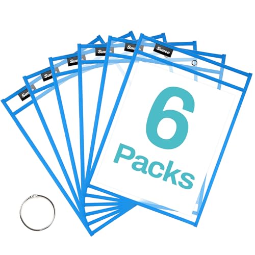 SUNEE 6 Packs Oversized Reusable Dry Erase Pocket Sleeves with Ring, Blue 10x14 Ticket Holders, Clear Plastic Sheet Protectors, Teacher School Classroom Supplies - color: Blue, style: 6 Pack