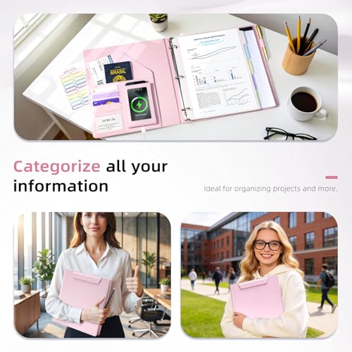 Ospelelf Pink Leather Binder with Magnetic Clipboard, 1 Inch Binders 3 Ring with Storage Zipper Pouch, Pocketed Dividers, Professional Clipboard Folder for School Office Nursing - color: Pink