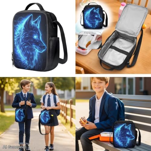 Galaxy Wolf Backpack for Boys Girls Backpack with Lunch Box Water Bottle Pouch & Soft Pencil Case 4PCS Set Bookbag with Front Pockets for School Teens 17 inch School Bag for Back to School - color: Blue Galaxy Wolf