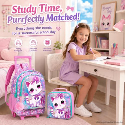 CCJPX 3PCS Rolling Backpack for Girls,Kids Cat Backpacks with Roller Wheels, Wheeled Bookbag with Lunch Box for Toddler Elementary School - color: White Cat