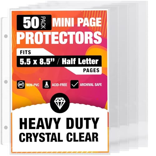 Half Letter 8.5x5.5’’ Pack of 50 Heavy Duty Page Sleeve Protectors for Mini 3-Ring Binders, Top Loading Crystal Clear & Archival Safe Refill Sheets, Acid-Free & Reinforced Holes - size: Mini 1 Pocket (5.5x8.5"), style: 50 Pack