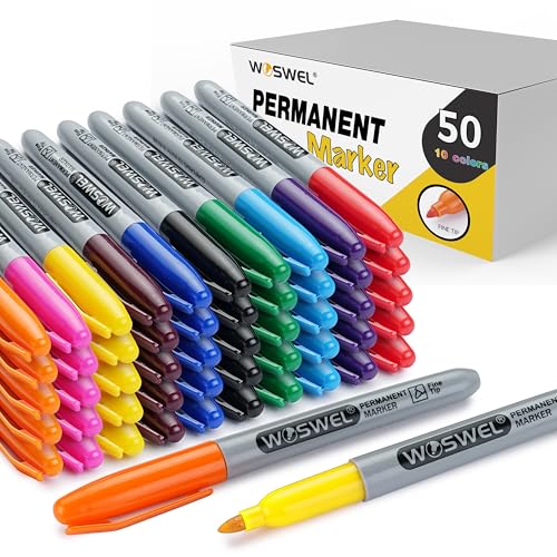 WOSWEL Permanent Markers Bulk, 50 Pack,10 Assorted Colors Permanent Marker, Fine Tip, Waterproof, Quick Drying, Smooth Writing, Used on Glass Metal Stone Paper Most Surfaces, Office School Supplies
