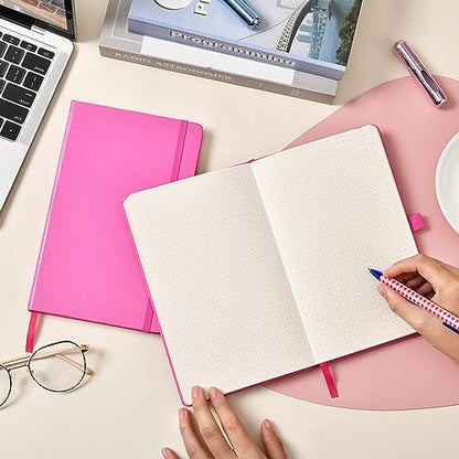 Dotted Journal/Notebook - Dot Grid Hard Cover Notebook, Premium Thick Paper with Fine Inner Pocket, Black Smooth Faux Leather, Pen Loop, 5.3'' x 8.26'' - Raspberry - color: Raspberry, size: Dotted