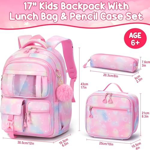 Fimibuke Kids Backpack for School Girls, 3Pcs Waterproof Girls Backpack with Lunch Box & Pencil Pouch - Lightweight Pink Bookbag for Ages 6+ Elementary Middle School Teens - color: A1.Diamond Pink