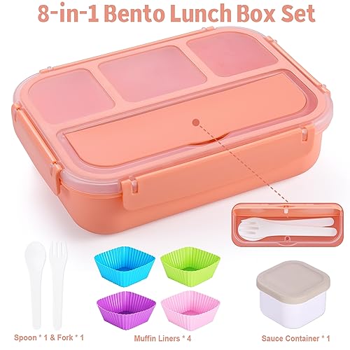 Bento Box Adult Lunch Box, Lunch Containers for Kids Girls Boys with 4 Compartments, Lunchable Food Container with Utensils, Sauce Jar, Muffin Liners, 40 Oz/5 Cup, Microwave & Dishwasher Safe, Pink - color: Pink