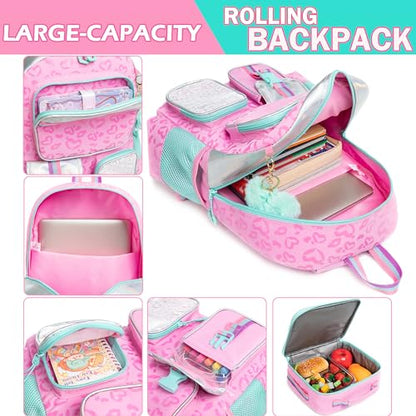 Meetbelify Girls' Rolling Backpack with Wheels - Cute Kawaii Carry On Backpack with Lunch Box for Elementary Students - Pink Love - color: Love Pink