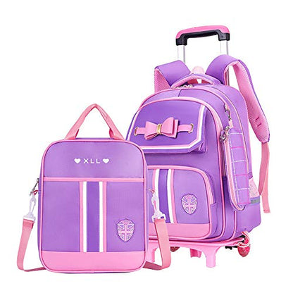 MITOWERMI Rolling Backpack for Girls Cute Trolley Bags Primary School Bookbags with Wheels Kids Carry-On Wheeled Backpack with Lunch Bag - color: 3pcs Purple 2 Wheels, style: 2 Wheels Trolley + Backpack Sets