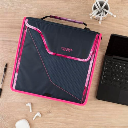 Five Star Zipper Binder, 3 Inch 3-Ring Binder with D Rings, Removable Padded Case, 5-Tab Expanding File and Multi-Use Strap, 850 Sheet Capacity, Navy/Pink (292960D) - color: Navy/Pink, size: 3 Inch