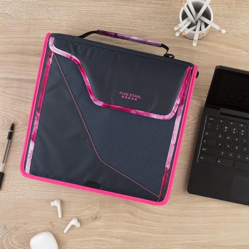 Five Star Zipper Binder, 3 Inch 3-Ring Binder with D Rings, Removable Padded Case, 5-Tab Expanding File and Multi-Use Strap, 850 Sheet Capacity, Navy/Pink (292960D) - color: Navy/Pink, size: 3 Inch