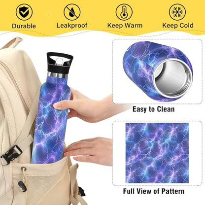 Sport Water Bottle 20 oz Lightning Pattern Kids Stainless Steel Vacuum Insulated Water Flask for Gym School - color: Lightning