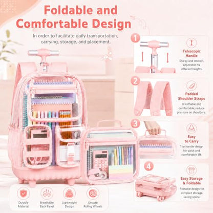 WZLVO 3PCS Clear Backpack Rolling Backpack for Girls, Heavy Duty PVC Transparent Bookbag, See Through School Bags with Wheels for Teens Women Elementary Travel - Pink - color: Pink