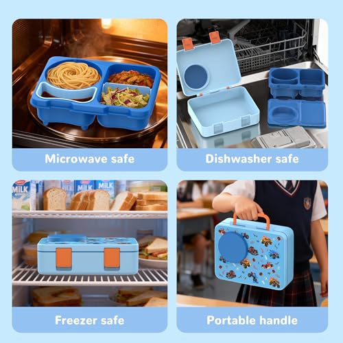 Kids Lunch Box with Thermo, Leakproof Bento Box for Kids with 8OZ Insulated Food Jar, Ice Pack, Sauce Cup, Utensils, Removable Tray & Dividers for School Daycare Travel (Trucks) - color: Trucks