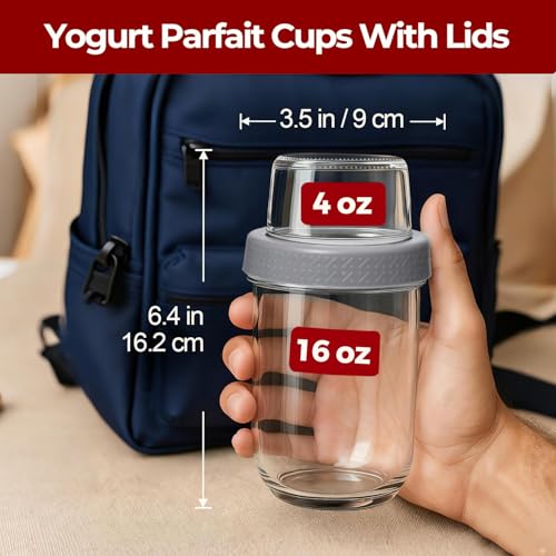 16+4 oz Yogurt Parfait Cups with Lids 4 Pack Overnight Oats Jars | Dry Wet Separation, Cereal Cups,Chia Pudding,Snacks,Nuts, Fruit,Granola Toppings,Meal Prep Jars - color: Mixed color 1