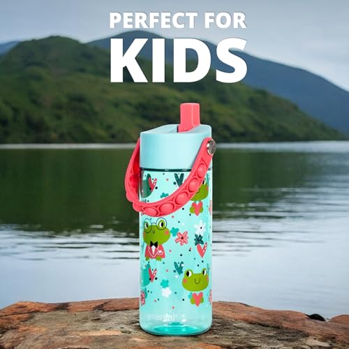 Elemental Water Bottles for Kids - Splash Kids Water Bottle for School with Pop-it Handle - BPA Free Tritan Plastic Water Bottle with Straw Leak Proof when Spout is Closed - Fancy Frog - 18oz - color: Fancy Frog