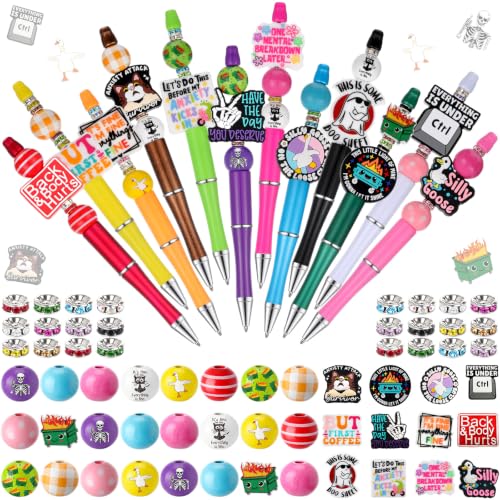 Geyee 12 Set Funny Beadable Pens Making Kit, Beaded Pens with Funny Silicone Focal Beads, Wood and Crystal Spacer Beads Black Ink Ballpoint Pen Kit for DIY Women Coworker Gift School Office Supplies - color: Multicolor, style: Funny