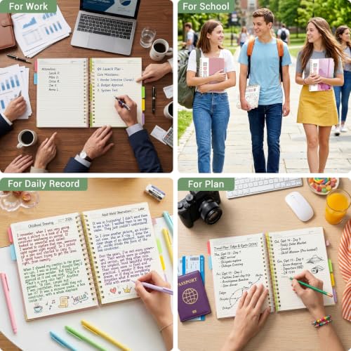 Hardcover Spiral Journal Notebook, 300 Pages 5 Subject Notebook College Ruled with Removable Dividers Tabs, 8" x 10" Notebooks for Work, Spiral Ruled Lined Writing Journal Hardcover Leather Notebook for School (Matcha Green, 8''x 10'') - color: Matcha Gre