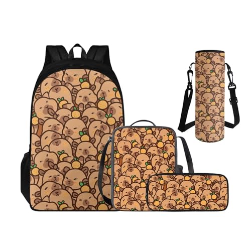 Cute Capybara Children's Backpack for Boys Girls Kids Back to School, 3rd Grade Lunch Box Pencil Case and Water Bottle Holder 4 PCS Set Art Study Supplies for Extracurricular Activities - color: Orange Capybara
