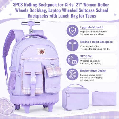 gxtvo 3PCS Girls Rolling Backpack, Women Roller Bookbag with Lunch Box for Adults, Water Resistant Wheeled School Bag for College Teens Kids Travel - Purple - color: 3pcs Set Purple