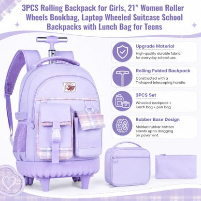 gxtvo 3PCS Girls Rolling Backpack, Women Roller Bookbag with Lunch Box for Adults, Water Resistant Wheeled School Bag for College Teens Kids Travel - Purple - color: 3pcs Set Purple