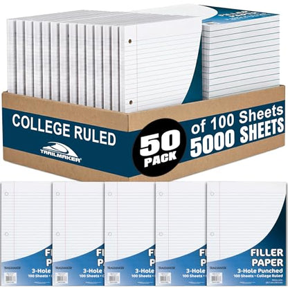 Trail Maker (50 Pack) Bulk Filler Paper College Ruled, 8 x 10-1/2 Inch College Ruled Paper, 3 Hole Punch, Loose Leaf Notebook Paper for 3 Ring Binders, 5000 sheets total - size: 50 Pack (5,000 Sheets)
