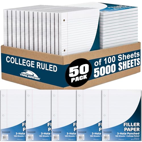 Trail Maker (50 Pack) Bulk Filler Paper College Ruled, 8 x 10-1/2 Inch College Ruled Paper, 3 Hole Punch, Loose Leaf Notebook Paper for 3 Ring Binders, 5000 sheets total - size: 50 Pack (5,000 Sheets)