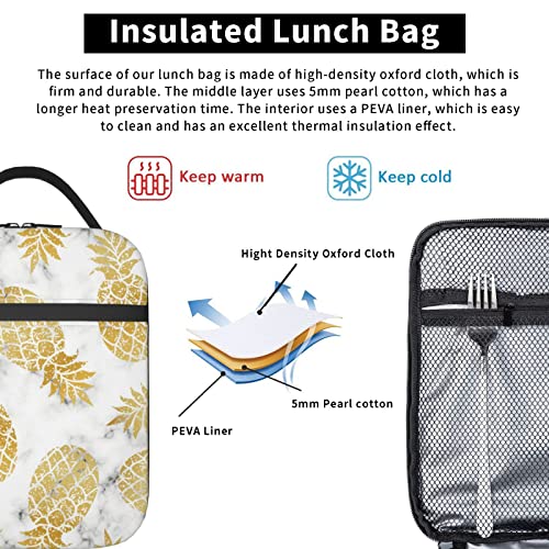 YETTA YANG Marble Gold Pineapple Portable Lunch Bag Insulated Lunch Box Reusable Totes For Women Men Work Picnic Camping - color: Black18
