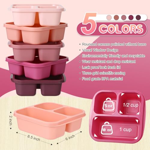 Honeydak 5 Pack Snack Containers 3 Compartment Bento Snack Boxes Divided Meal Prep Containers with Lids Reusable Adults Lunch Food Storage Box for School Work Travel(Pink Brown) - color: Pink Brown