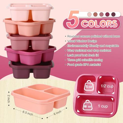 Honeydak 5 Pack Snack Containers 3 Compartment Bento Snack Boxes Divided Meal Prep Containers with Lids Reusable Adults Lunch Food Storage Box for School Work Travel(Pink Brown) - color: Pink Brown