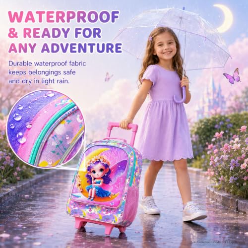 gxtvo Girls Rolling Backpack, Cute Moon Fairy Roller Wheels Kids Bookbag - Wheeled Elementary School Bag - 3PCS Moon Fairy - color: Moon Fairy With Purple Hair Rolling Backpack