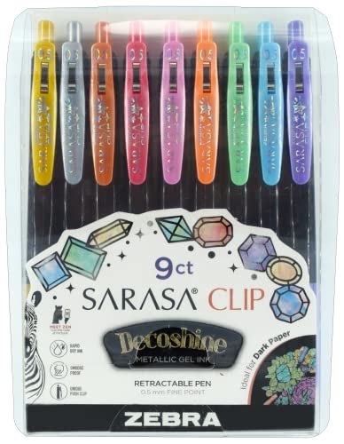 Zebra Pen Sarasa Clip Decoshine Retractable Gel Pen, 0.5mm Fine Point, Assorted Metallic Colors, Works Well on Dark Paper, Ideal for Journal, Note Taking and Planner Use, 9-Pack (49009) - color: Assorted Metallic