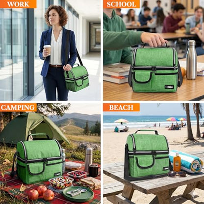 opux Insulated Lunch Bag Women Men, Dual Compartment Leakproof Lunch Box Adults Kids, Double Decker Meal Prep Bento Lunch Cooler Tote with Shoulder Strap for Work Office School Travel, Green - color: Heather Green