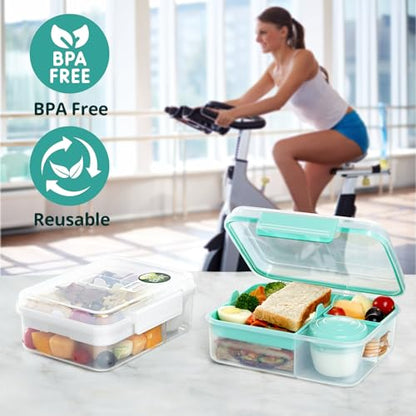 Meal Prep Containers Reusable, Snackle Box Container Bento Box Adult, Bento Lunch Box with 2 Removable Trays, and Salad Dressing Container, 55.75 oz/1.65L Size (Minty Teal/55.75 oz) - color: Minty Teal/55.75 oz