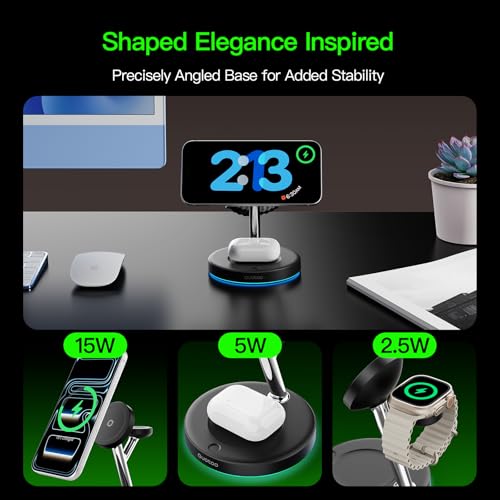 【Adjustable Blue Ambient Light】 Wireless Charger 3 in 1 for iPhone, Magnetic Charging Station for Apple Family,15W Fast MagSafe Charger Stand,for iPhone17-12-iWatch AirPods Series