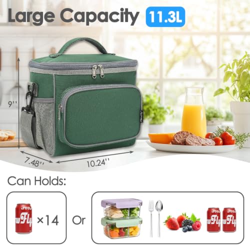 FlowFly Insulated Reusable Lunch Bag Adult Large Lunch Box for Women and Men with Adjustable Shoulder Strap,Front Zipper Pocket and Dual Large Mesh Side Pockets,ArmyGreen - color: ArmyGreen