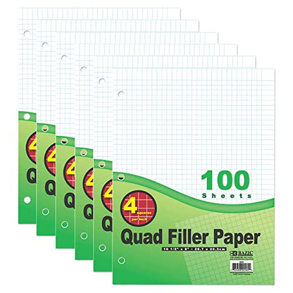BAZIC Products Quad-Ruled Filler Paper, 4 Sq/in, 3-Hole, 100 Sheets, 6-Pack | 4 squares per inch, 10.5 x 8 in, 3-hole punched, fit 3-ring binders, math - color: White Quad-ruled, size: 6-Pack