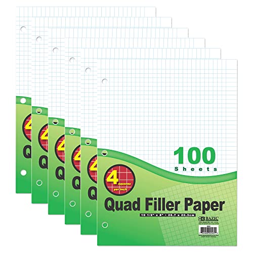 BAZIC Products Quad-Ruled Filler Paper, 4 Sq/in, 3-Hole, 100 Sheets, 6-Pack | 4 squares per inch, 10.5 x 8 in, 3-hole punched, fit 3-ring binders, math - color: White Quad-ruled, size: 6-Pack