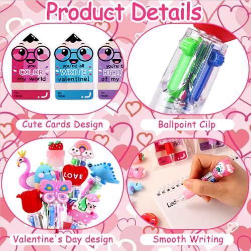 Vellibring 30 Pack Valentines Fun Pens with Cards 0.7mm Cute Animal Multicolor Ballpoint Pens Retractable 4 Colors in One Valentines Stationery Party Favors School Supplies Students Rewards - style: Valentines Cards-30pcs