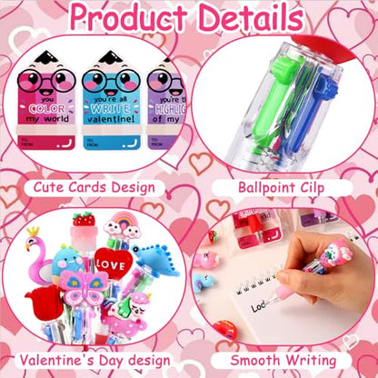 Vellibring 30 Pack Valentines Fun Pens with Cards 0.7mm Cute Animal Multicolor Ballpoint Pens Retractable 4 Colors in One Valentines Stationery Party Favors School Supplies Students Rewards - style: Valentines Cards-30pcs