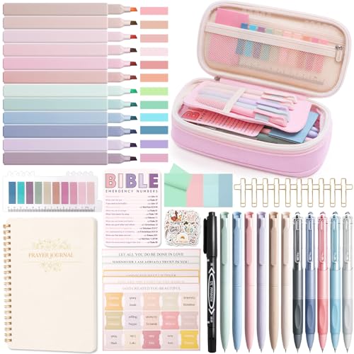 XKDOUS 60 Pcs Bible Study Supplies, Bible Study Kit for Women, Bible Journaling Supplies with Spiral Notebook Journal, Bible Tabs, Pen Case and More, Bible Highlighters and Pens No Bleed for Books - color: Pink