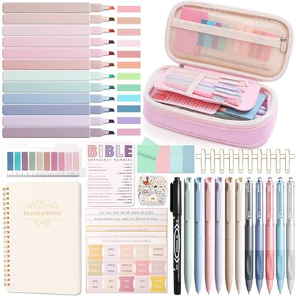 XKDOUS 60 Pcs Bible Study Supplies, Bible Study Kit for Women, Bible Journaling Supplies with Spiral Notebook Journal, Bible Tabs, Pen Case and More, Bible Highlighters and Pens No Bleed for Books - color: Pink