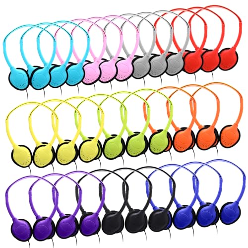 Yunsailing 30 Pack Over Ear Wired Headphones Bulk for School Classroom Student, Adjustable Headband with 3.5mm Jack, Lightweight Design Earphones for Classroom Learning and Testing (Multicolor) - color: Multicolor