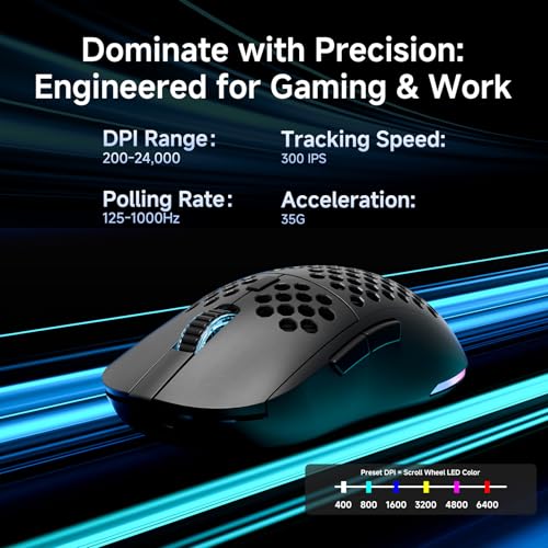 DIERYA M1 Wireless Gaming Mouse, 24000DPI, 180Hrs Battery, 16.8M RGB, 6 Programmable Buttons, Lightweight, Tri-Mode (2.4G/BT5.2/USB-C) for PC/Mac/Laptop - Black - color: Black