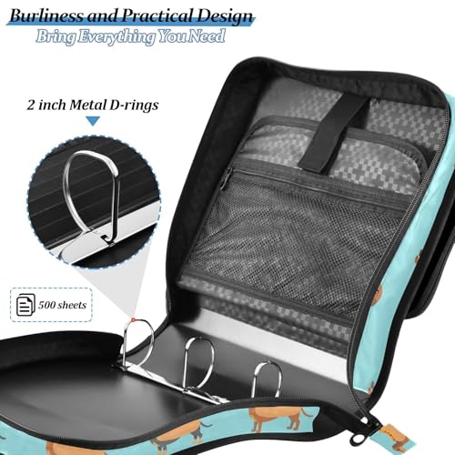 Cute Dachshunds Hotdog Blue Zipper Binder 3 Ring with Handle and Shoulder Strap, 500 Sheet Binder Organizer Capacity & Multi-Pockets for School Office - color: Aa04