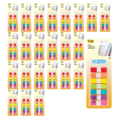 Post-it 683-7CF24PK1/2 Wide Flags in On-The-Go Dispenser for Page Marking and Highlighting Portable and Easy to Use (11.9 mm x 43.2 mm, Pack of 24, Assorted) | On-The-Go Dispenser, Page Marking and Highlighting, Portable and Easy to Use - style: 24 Pack