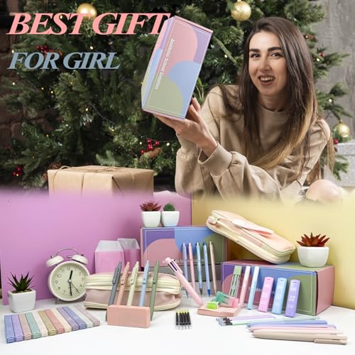 54Pcs Aesthetic School Supplies Set with Large Pastel Pencil Case 12 Dual Tip Highlighters, 6 Gel Pens, 5 Black Pens, 5 Mechanical Pencils (0.5-2.0mm) for Students Stationary College Essentials Gifts - color: Pink